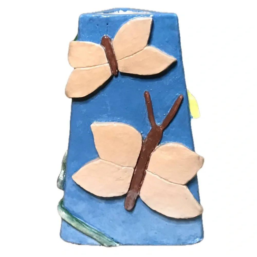 Vintage Pottery Sunflower Butterfly Vine Vase Whimsical Twee Quirky Fairy Core